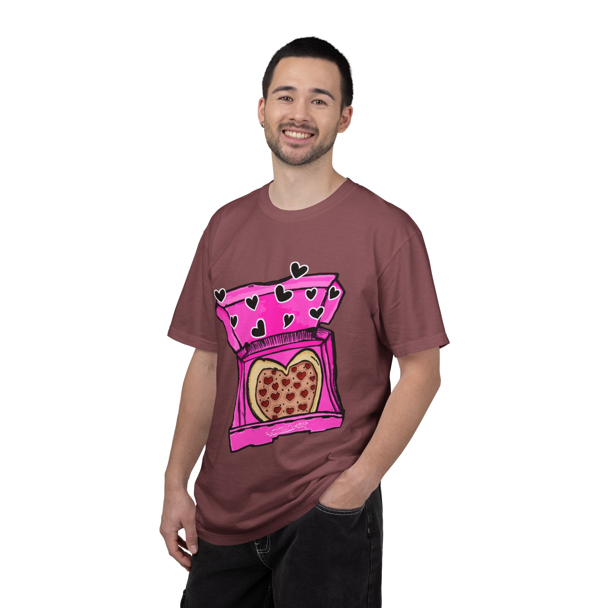 Hand-drawn heart pizza box t-shirt with pink pizza box, heart-shaped pepperoni pizza and floating black hearts on Comfort Color tee from PizzaBytes collection
