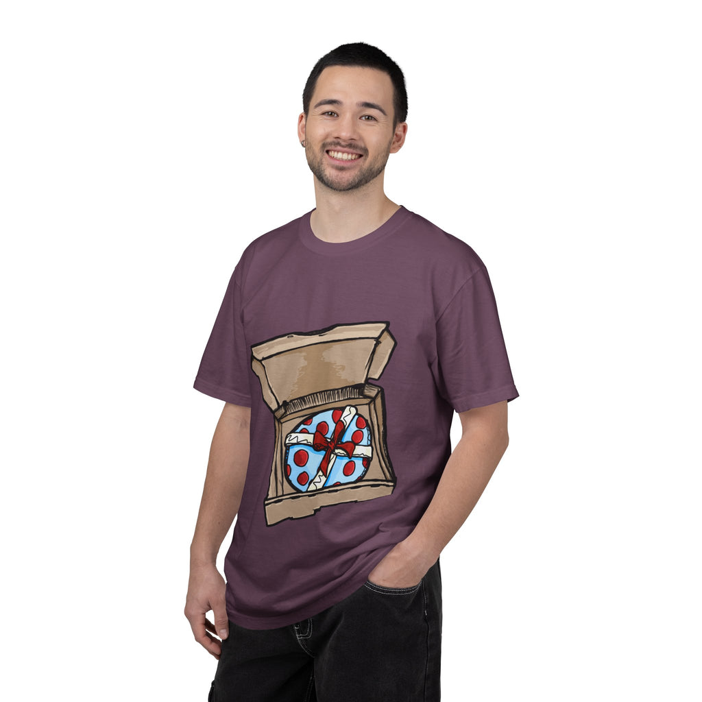 Hand-drawn gift pizza box t-shirt showing open pizza box with blue polka-dotted wrapped gift and red bow on Comfort tee from PizzaBytes collection
