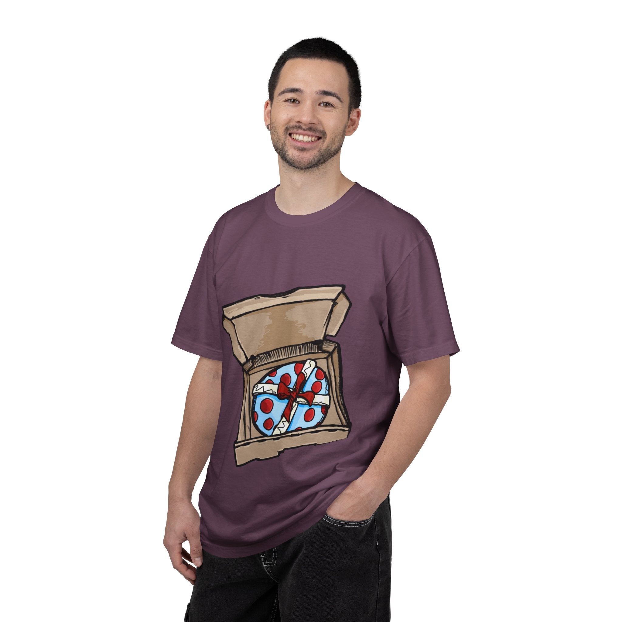 Hand-drawn gift pizza box t-shirt showing open pizza box with blue polka-dotted wrapped gift and red bow on Comfort tee from PizzaBytes collection
