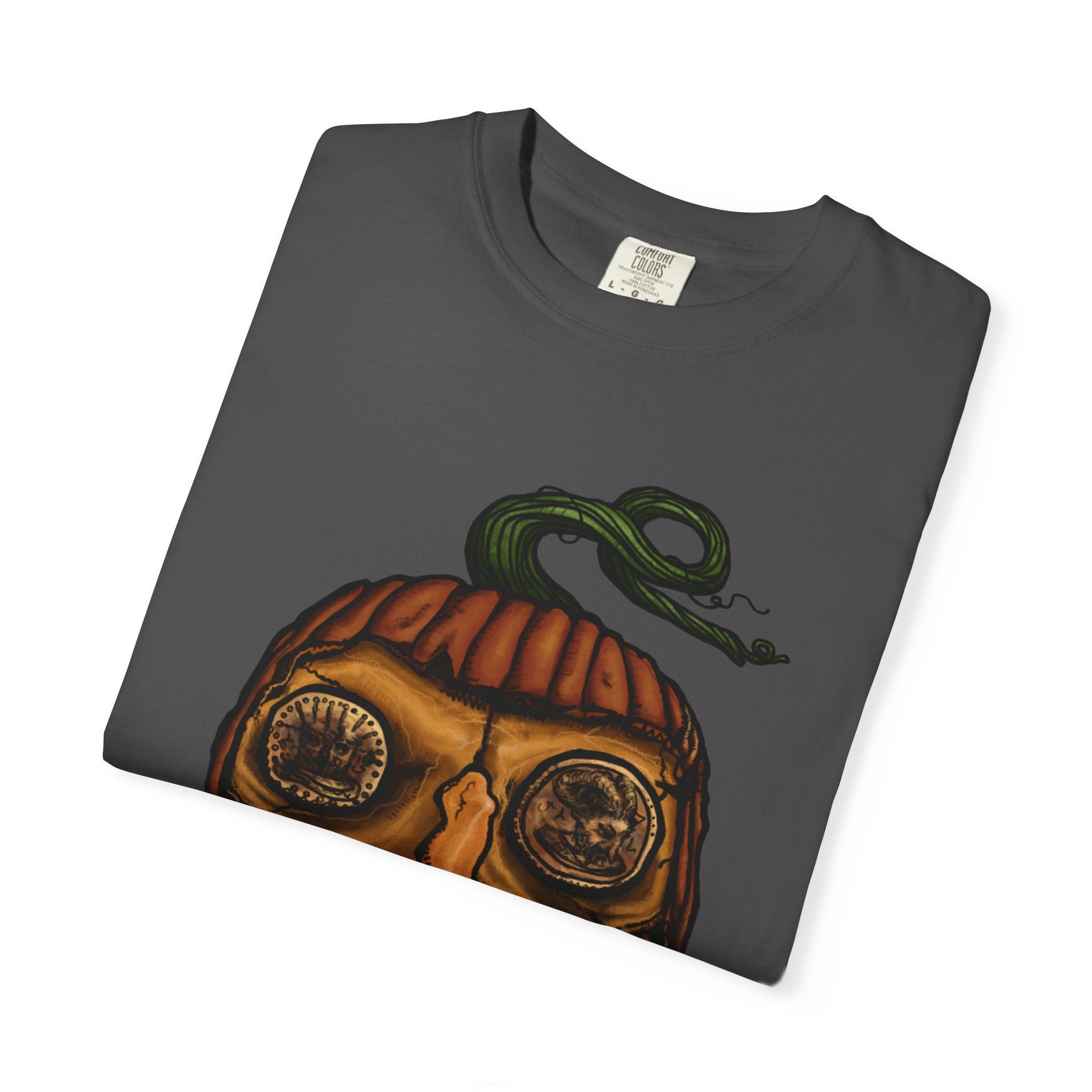 Freaky Features PumpkinJack t-shirt, front shows creepy pumpkin head with vine and candy-corn teeth, back shows open pizza box with two calzones inside