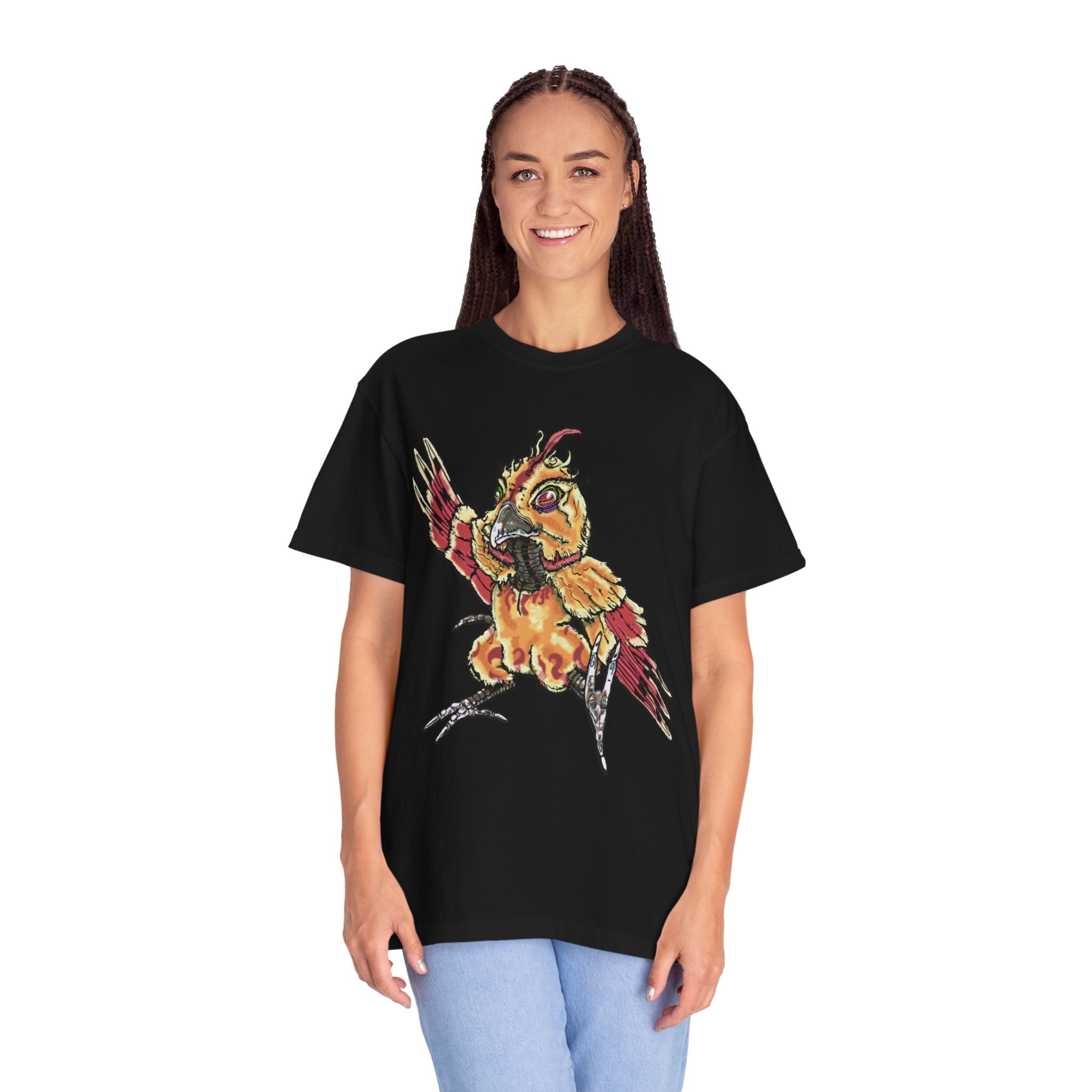 Fiery Inferno Phoenix Pizza Monster T-Shirt, Hand-drawn pizza phoenix with melted cheese flames, pepperoni wings, and glowing eyes on Comfort Colors tee from PizzaBytes collection
