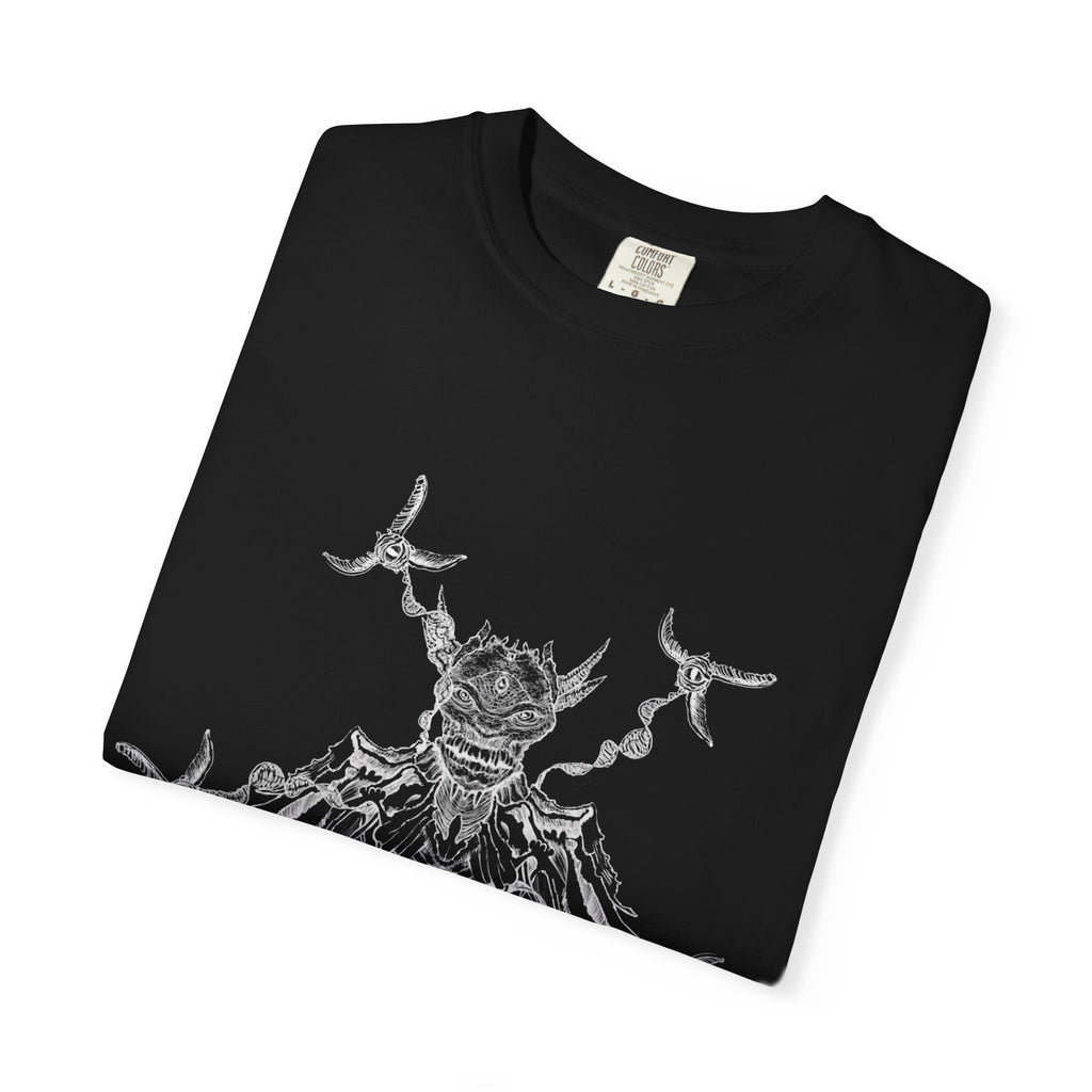 Hand-sketched Reptile Angel t-shirt from Serenity Chain, grotesque winged reptilian creature in raw white line art on black tee
