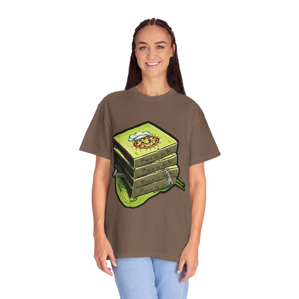 Hand-drawn toxic pizza stack t-shirt with glowing green pizza character and slimy tentacle on tee from PizzaBytes collection
