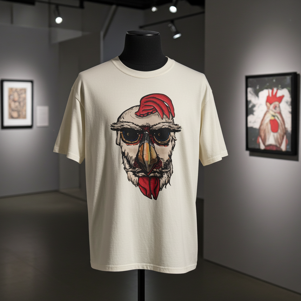 Freaky Features Paranoid Chicken t-shirt, front shows paranoid rooster head, back shows open pizza box with chocolate donut